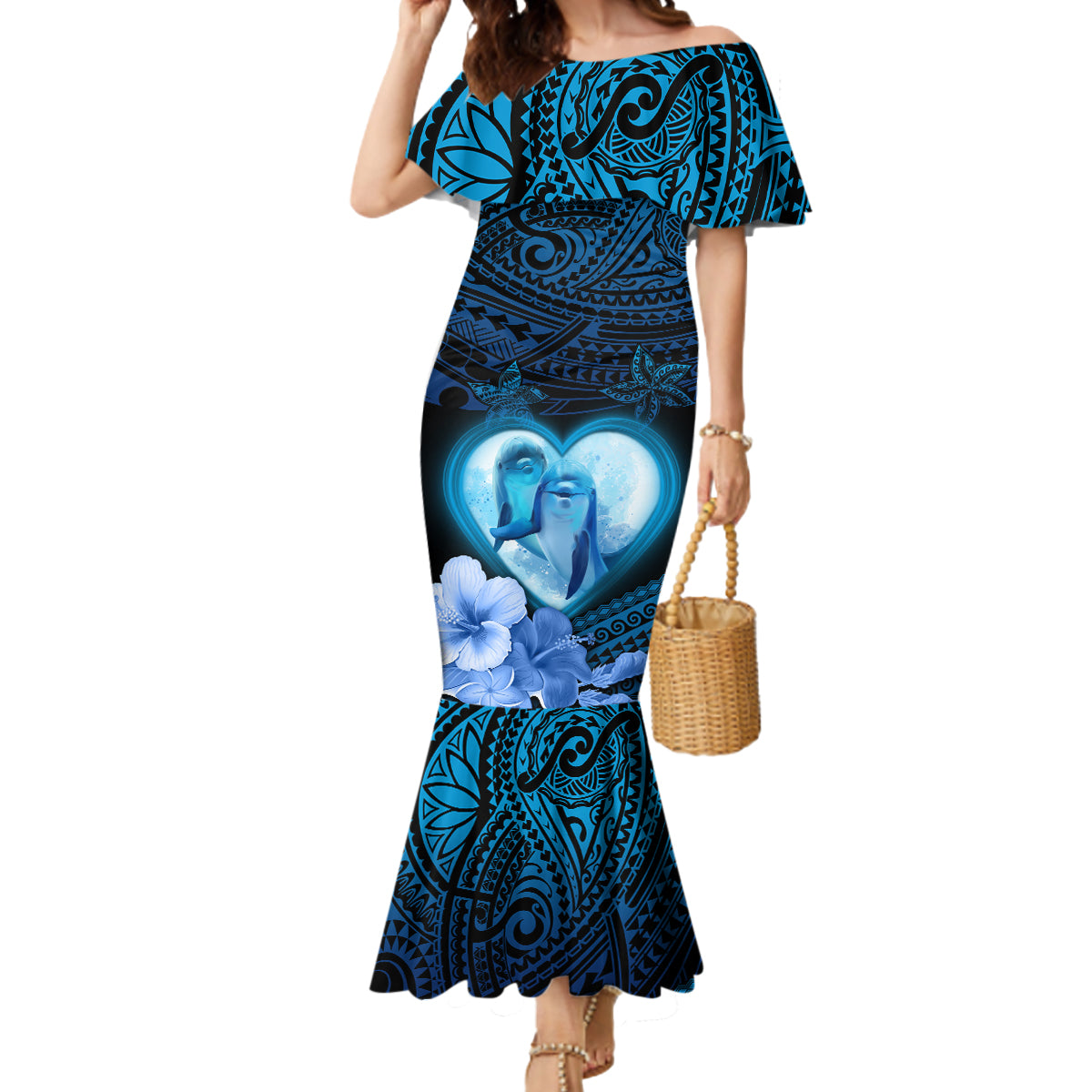 Dolphin Couple Love Story Valentine Day Mermaid Dress With Polynesian Tribal Tattoo Blue Style LT03 Women Blue - Polynesian Pride