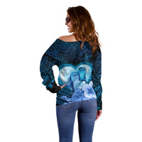 Dolphin Couple Love Story Valentine Day Off Shoulder Sweater With Polynesian Tribal Tattoo Blue Style LT03 - Polynesian Pride