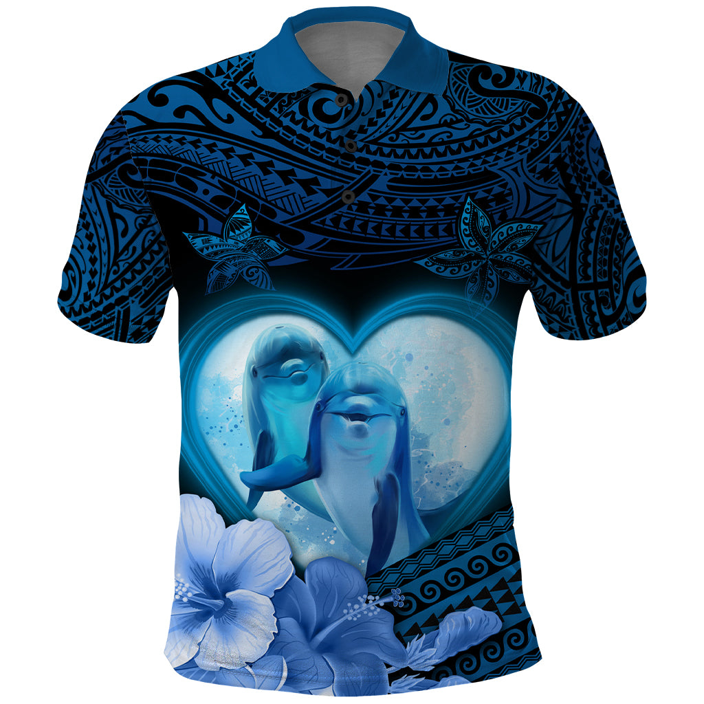 Dolphin Couple Love Story Valentine Day Polo Shirt With Polynesian Tribal Tattoo Blue Style LT03 Blue - Polynesian Pride