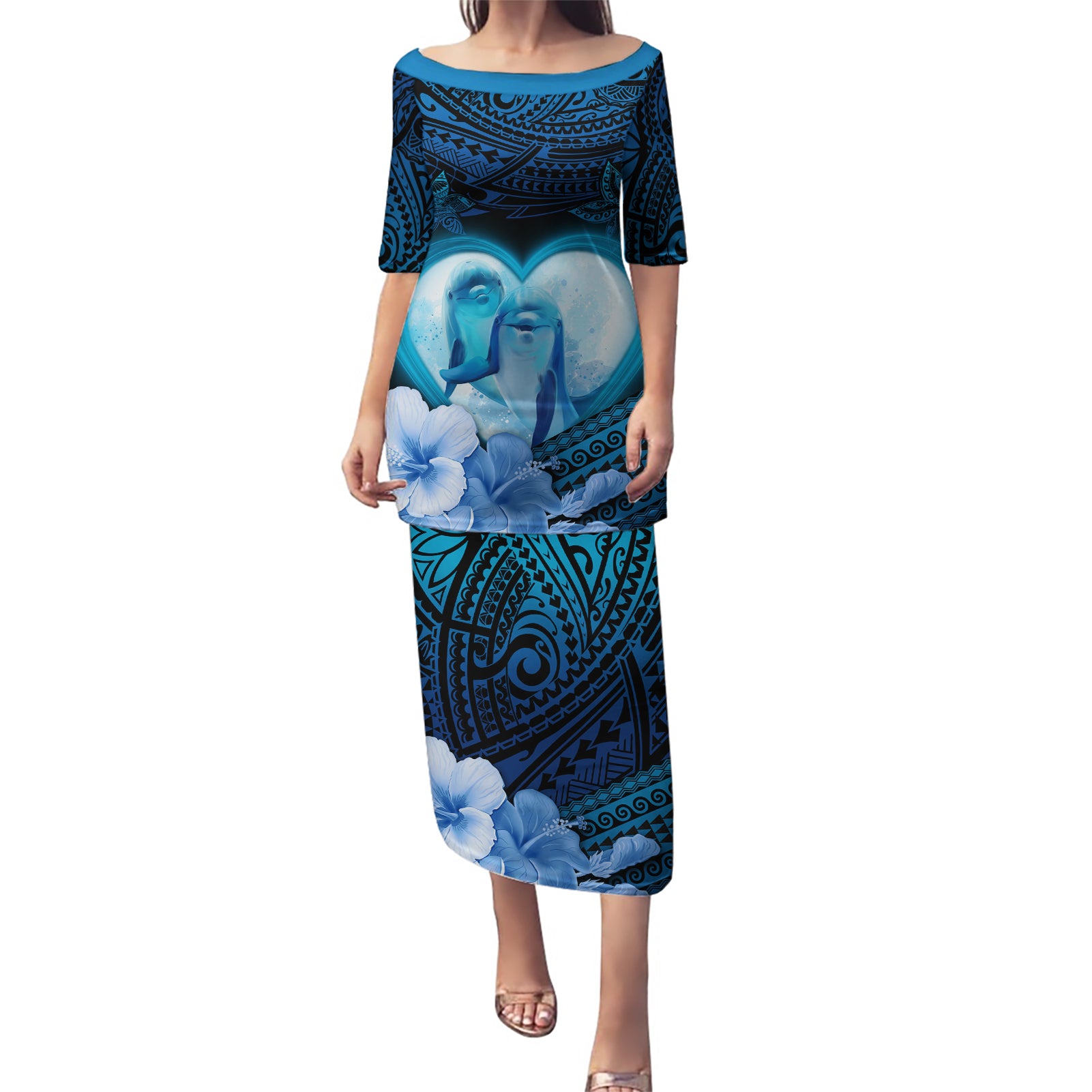 Dolphin Couple Love Story Valentine Day Puletasi With Polynesian Tribal Tattoo Blue Style LT03 Long Dress Blue - Polynesian Pride