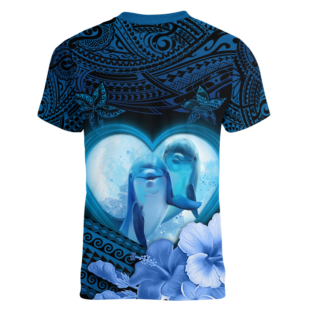 Dolphin Couple Love Story Valentine Day Women V Neck T Shirt With Polynesian Tribal Tattoo Blue Style LT03 - Polynesian Pride