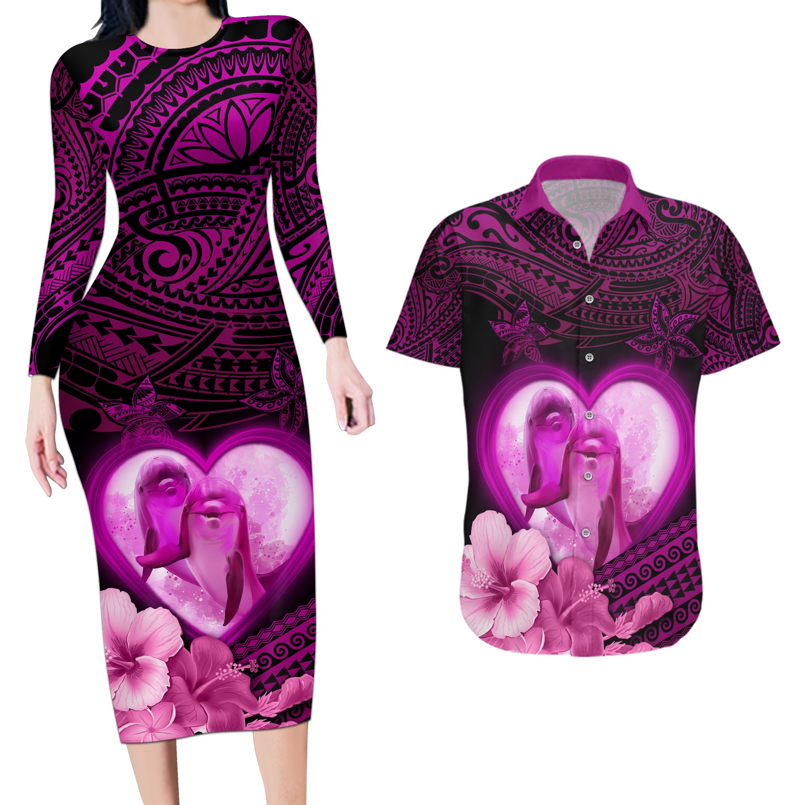 Dolphin Couple Love Story Valentine Day Couples Matching Long Sleeve Bodycon Dress and Hawaiian Shirt With Polynesian Tribal Tattoo Pink Style LT03 Pink - Polynesian Pride