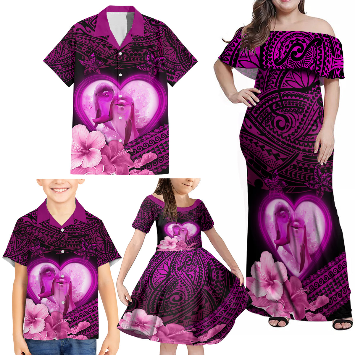 Dolphin Couple Love Story Valentine Day Family Matching Off Shoulder Maxi Dress and Hawaiian Shirt With Polynesian Tribal Tattoo Pink Style LT03 - Polynesian Pride