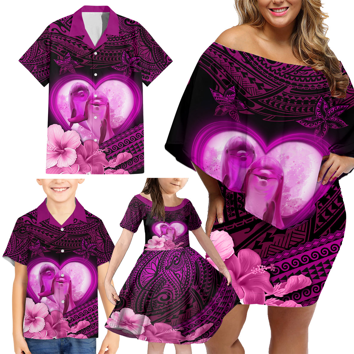 Dolphin Couple Love Story Valentine Day Family Matching Off Shoulder Short Dress and Hawaiian Shirt With Polynesian Tribal Tattoo Pink Style LT03 - Polynesian Pride