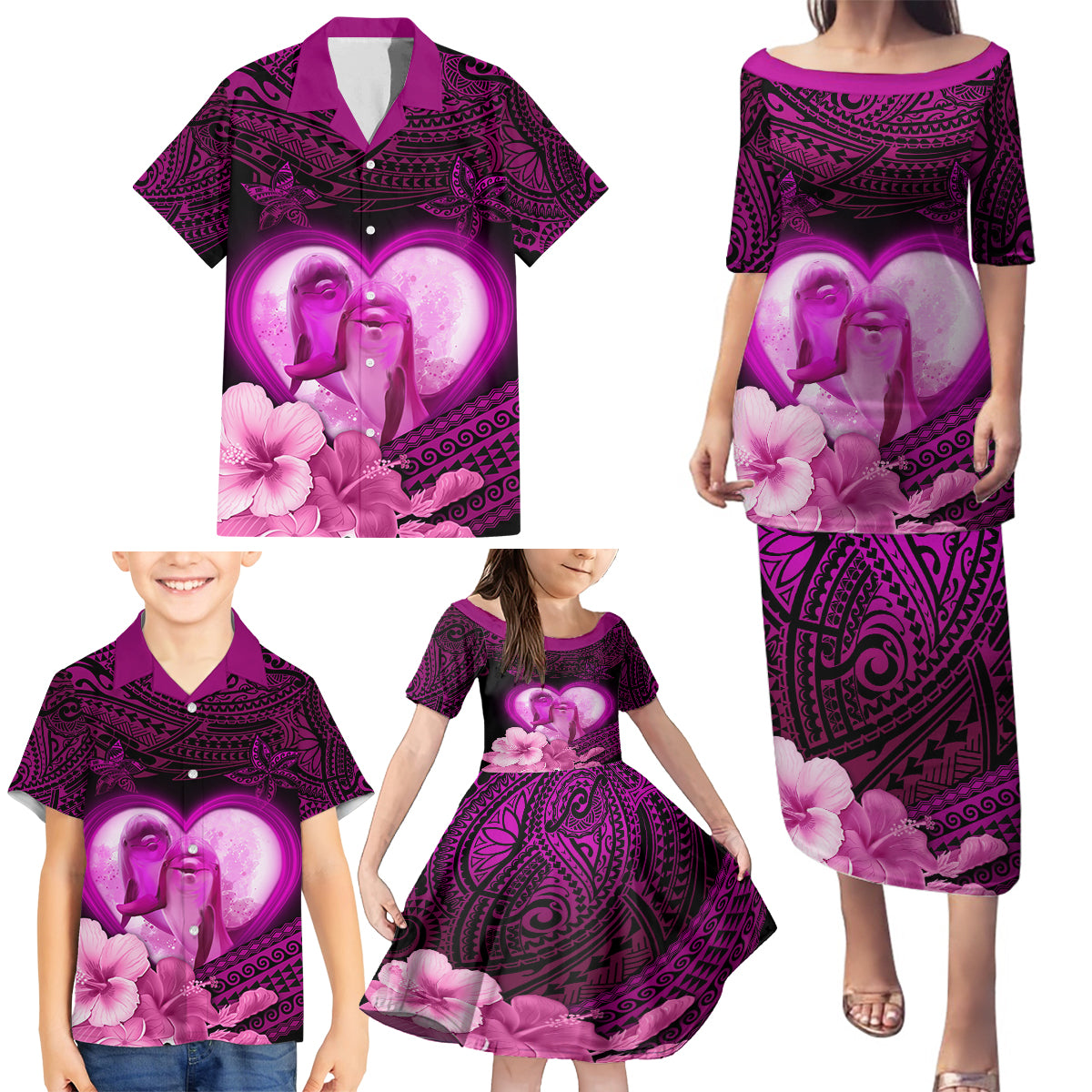 Dolphin Couple Love Story Valentine Day Family Matching Puletasi and Hawaiian Shirt With Polynesian Tribal Tattoo Pink Style LT03 - Polynesian Pride