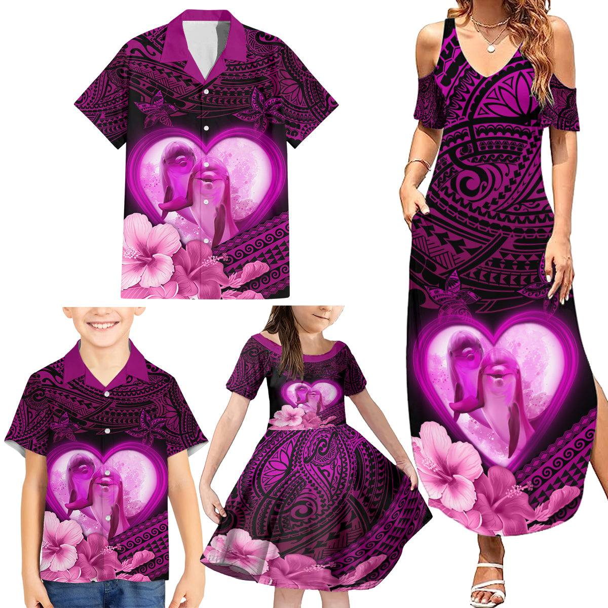 Dolphin Couple Love Story Valentine Day Family Matching Summer Maxi Dress and Hawaiian Shirt With Polynesian Tribal Tattoo Pink Style LT03 - Polynesian Pride