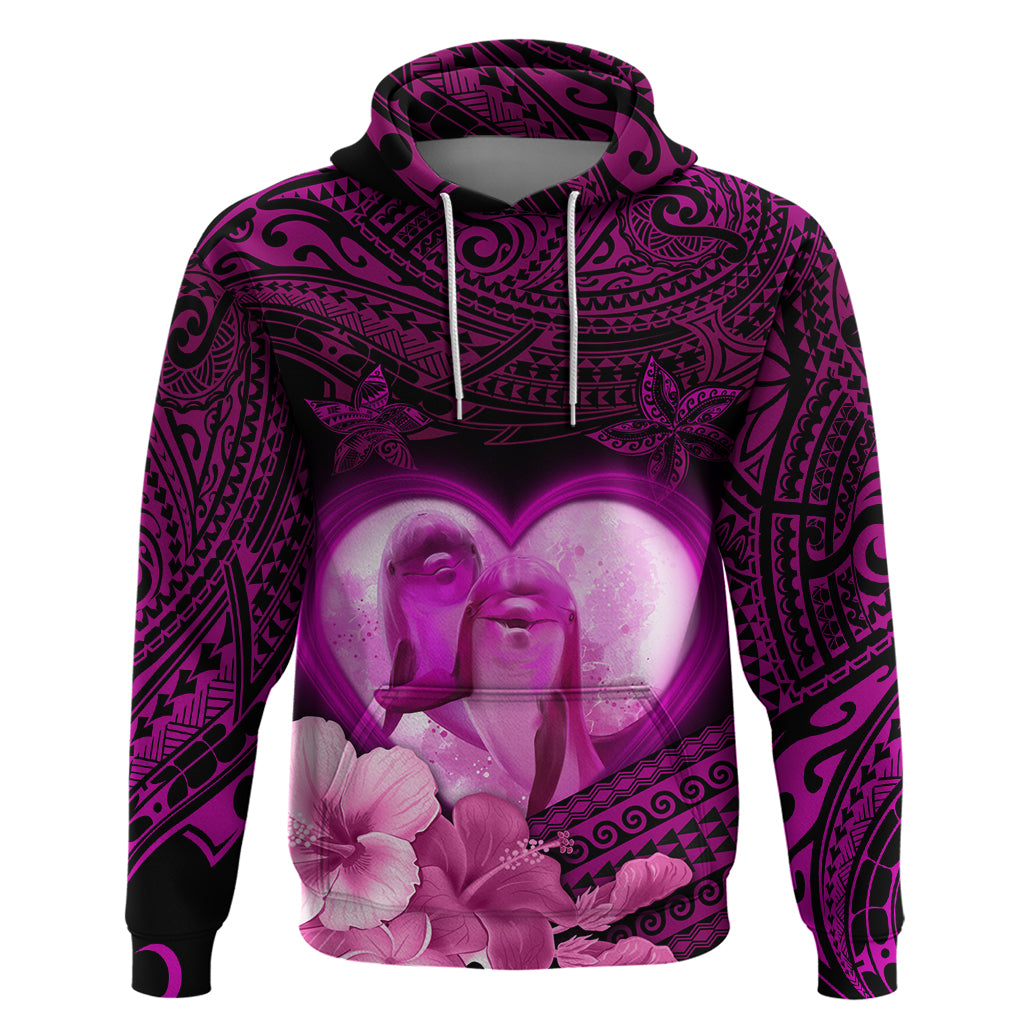 Dolphin Couple Love Story Valentine Day Hoodie With Polynesian Tribal Tattoo Pink Style LT03 Pullover Hoodie Pink - Polynesian Pride