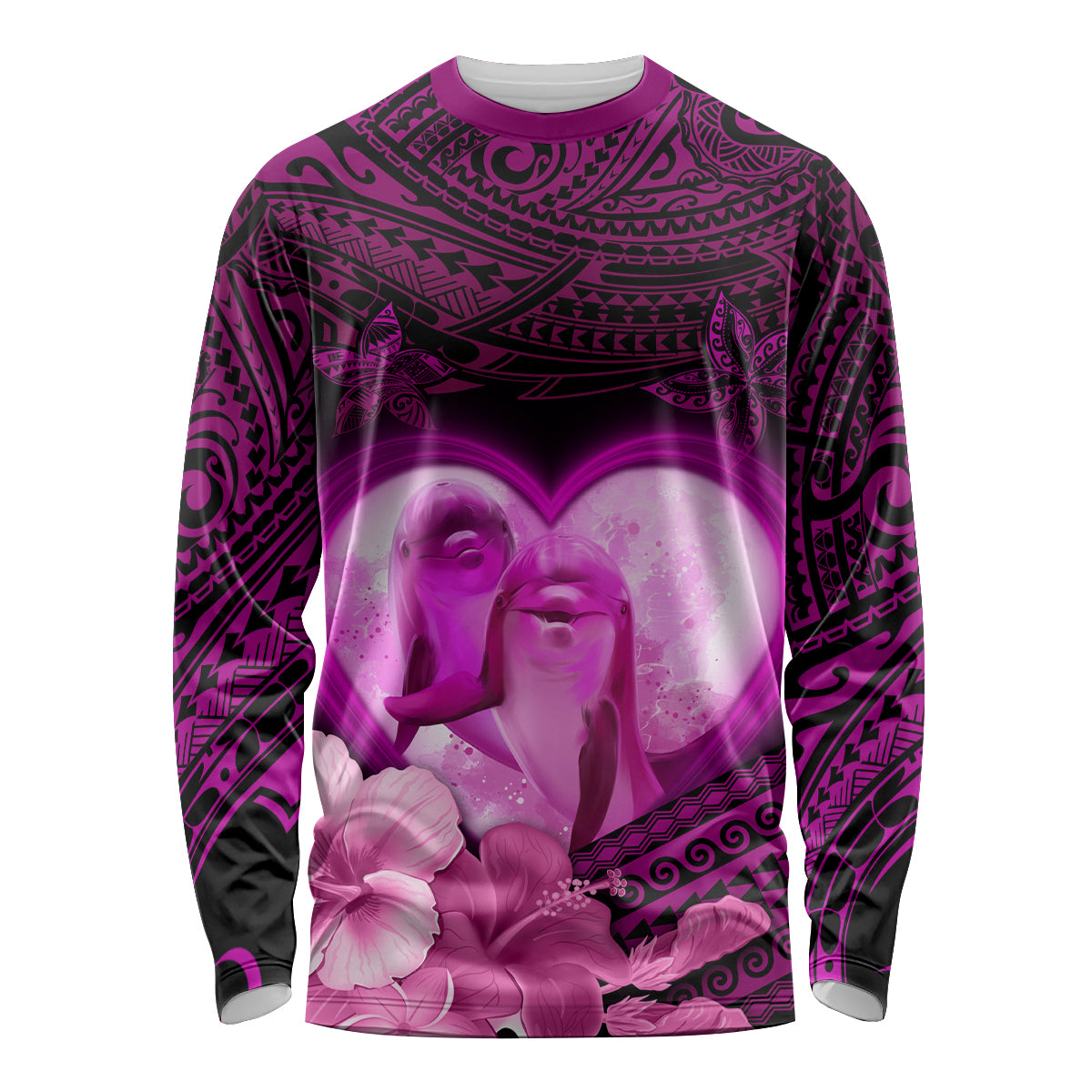 Dolphin Couple Love Story Valentine Day Long Sleeve Shirt With Polynesian Tribal Tattoo Pink Style LT03 Unisex Pink - Polynesian Pride