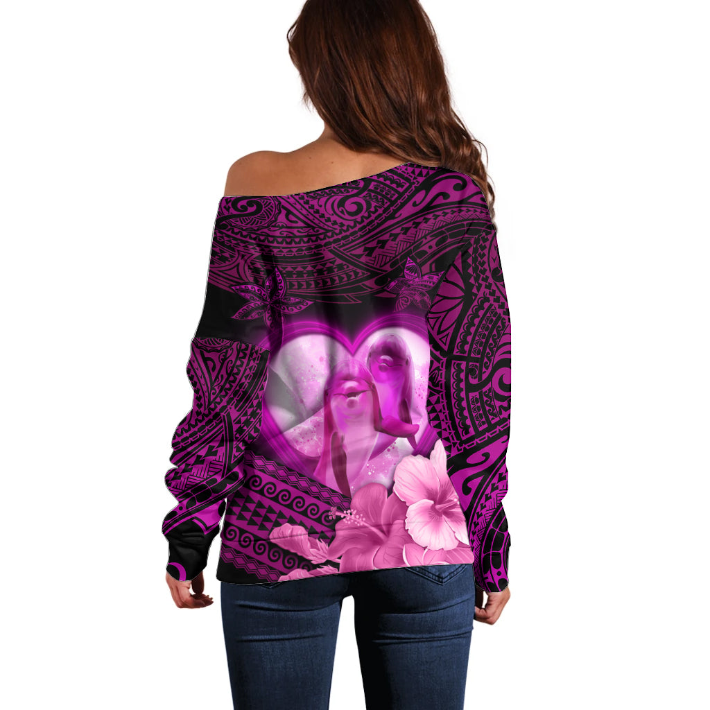 Dolphin Couple Love Story Valentine Day Off Shoulder Sweater With Polynesian Tribal Tattoo Pink Style LT03 - Polynesian Pride