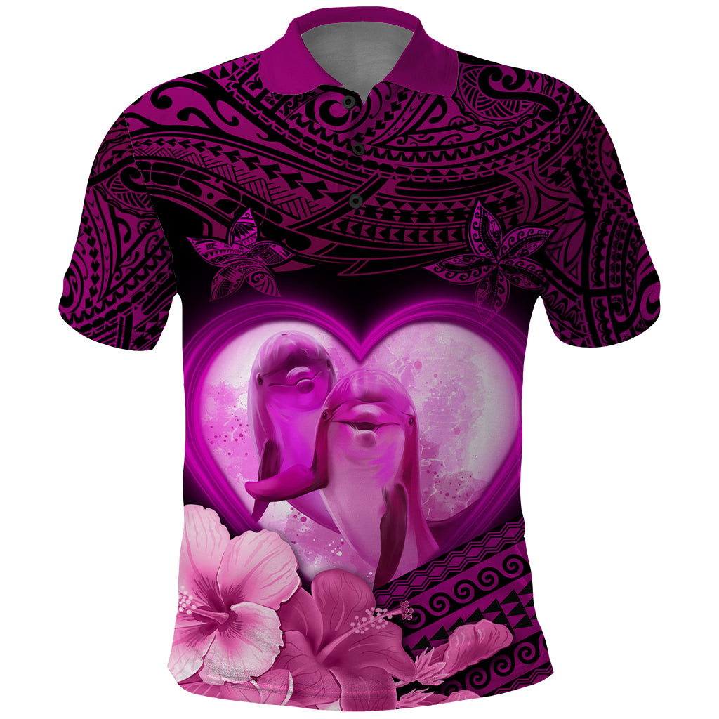 Dolphin Couple Love Story Valentine Day Polo Shirt With Polynesian Tribal Tattoo Pink Style LT03 Pink - Polynesian Pride