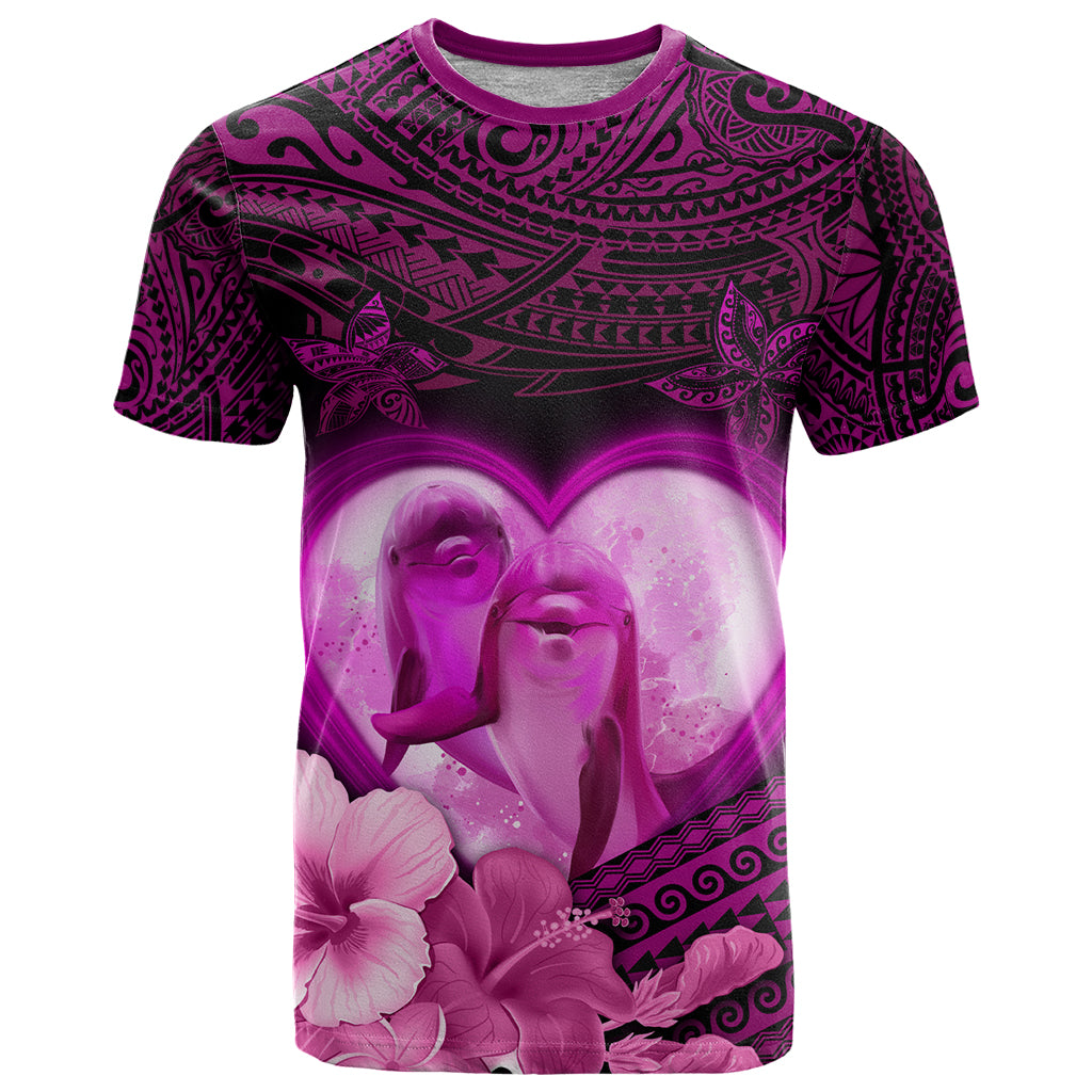 Dolphin Couple Love Story Valentine Day T Shirt With Polynesian Tribal Tattoo Pink Style LT03 Pink - Polynesian Pride