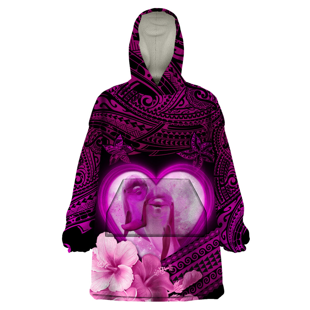 Dolphin Couple Love Story Valentine Day Wearable Blanket Hoodie With Polynesian Tribal Tattoo Pink Style LT03 One Size Pink - Polynesian Pride