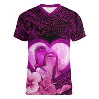 Dolphin Couple Love Story Valentine Day Women V Neck T Shirt With Polynesian Tribal Tattoo Pink Style LT03 Female Pink - Polynesian Pride