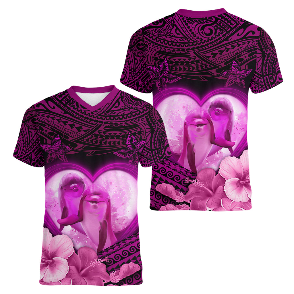 Dolphin Couple Love Story Valentine Day Women V Neck T Shirt With Polynesian Tribal Tattoo Pink Style LT03 - Polynesian Pride