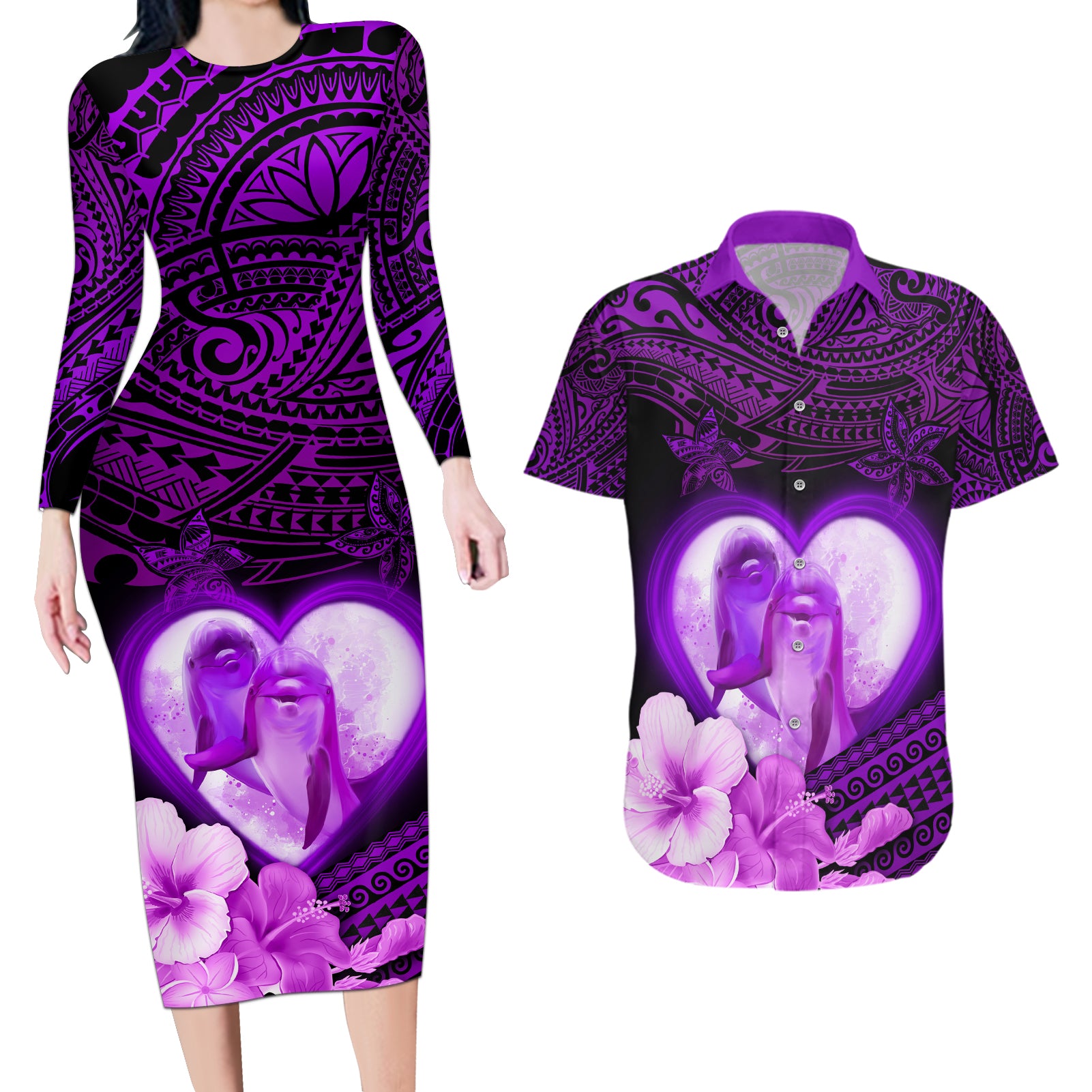 Dolphin Couple Love Story Valentine Day Couples Matching Long Sleeve Bodycon Dress and Hawaiian Shirt With Polynesian Tribal Tattoo Purple Style LT03 Purple - Polynesian Pride