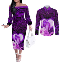 Dolphin Couple Love Story Valentine Day Couples Matching Off The Shoulder Long Sleeve Dress and Long Sleeve Button Shirt With Polynesian Tribal Tattoo Purple Style LT03 Purple - Polynesian Pride