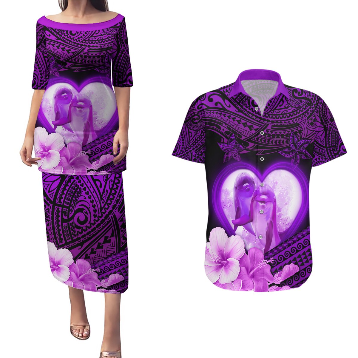 Dolphin Couple Love Story Valentine Day Couples Matching Puletasi and Hawaiian Shirt With Polynesian Tribal Tattoo Purple Style LT03 Purple - Polynesian Pride