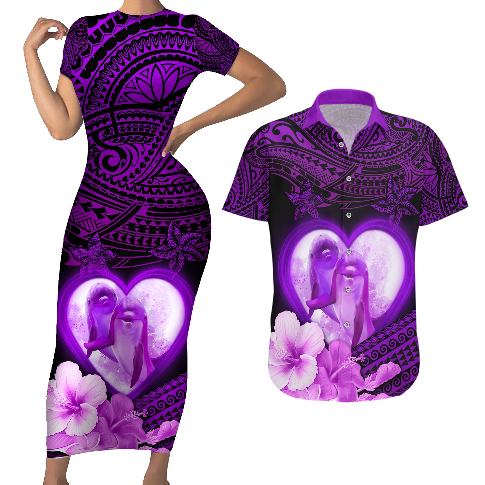 Dolphin Couple Love Story Valentine Day Couples Matching Short Sleeve Bodycon Dress and Hawaiian Shirt With Polynesian Tribal Tattoo Purple Style LT03 Purple - Polynesian Pride