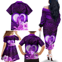 Dolphin Couple Love Story Valentine Day Family Matching Off Shoulder Long Sleeve Dress and Hawaiian Shirt With Polynesian Tribal Tattoo Purple Style LT03 - Polynesian Pride