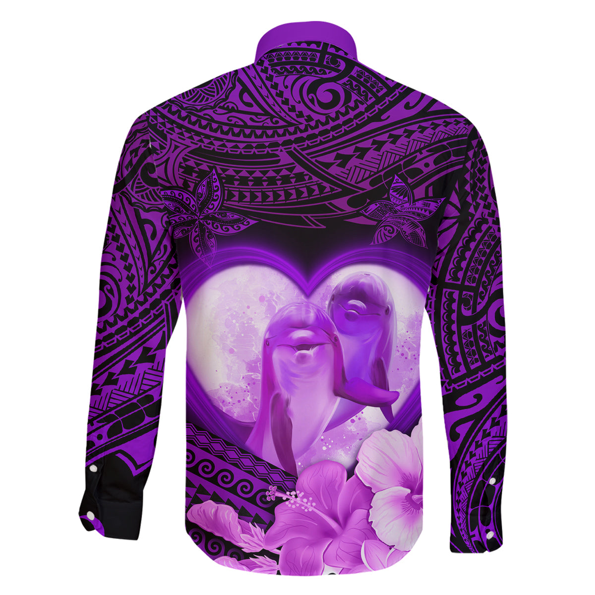 Dolphin Couple Love Story Valentine Day Family Matching Off Shoulder Maxi Dress and Hawaiian Shirt With Polynesian Tribal Tattoo Purple Style LT03 - Polynesian Pride