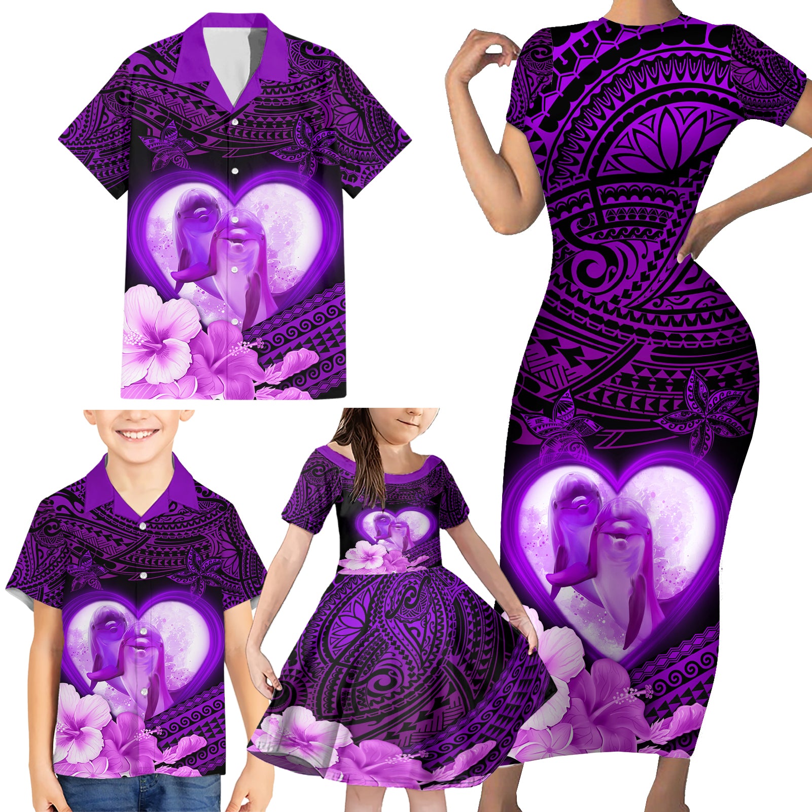 Dolphin Couple Love Story Valentine Day Family Matching Short Sleeve Bodycon Dress and Hawaiian Shirt With Polynesian Tribal Tattoo Purple Style LT03 - Polynesian Pride