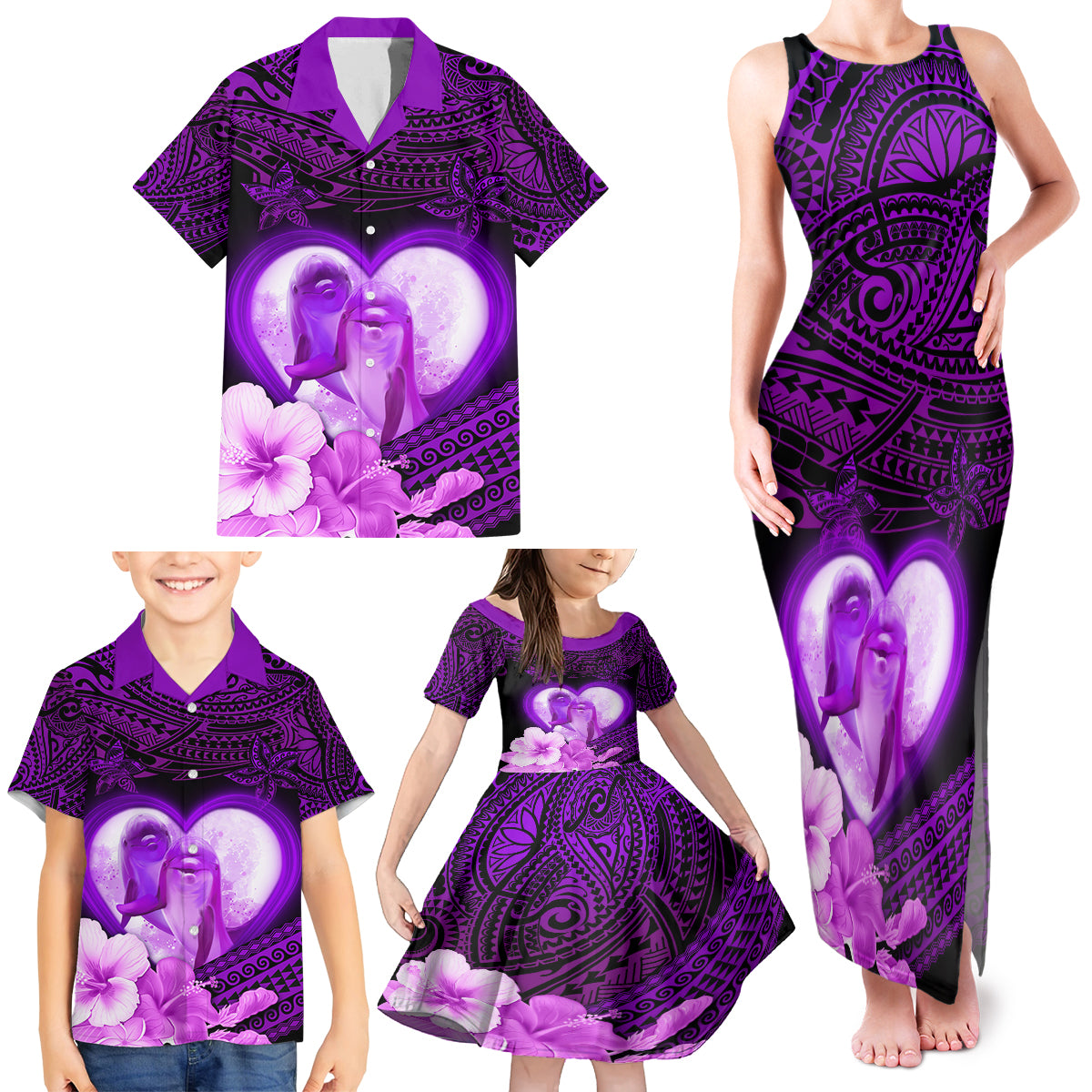 Dolphin Couple Love Story Valentine Day Family Matching Tank Maxi Dress and Hawaiian Shirt With Polynesian Tribal Tattoo Purple Style LT03 - Polynesian Pride