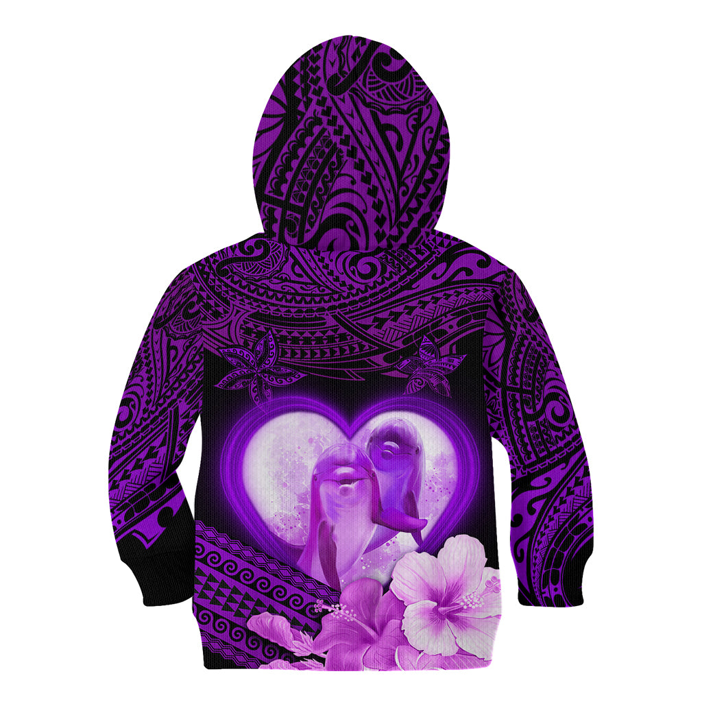 Dolphin Couple Love Story Valentine Day Kid Hoodie With Polynesian Tribal Tattoo Purple Style LT03 - Polynesian Pride