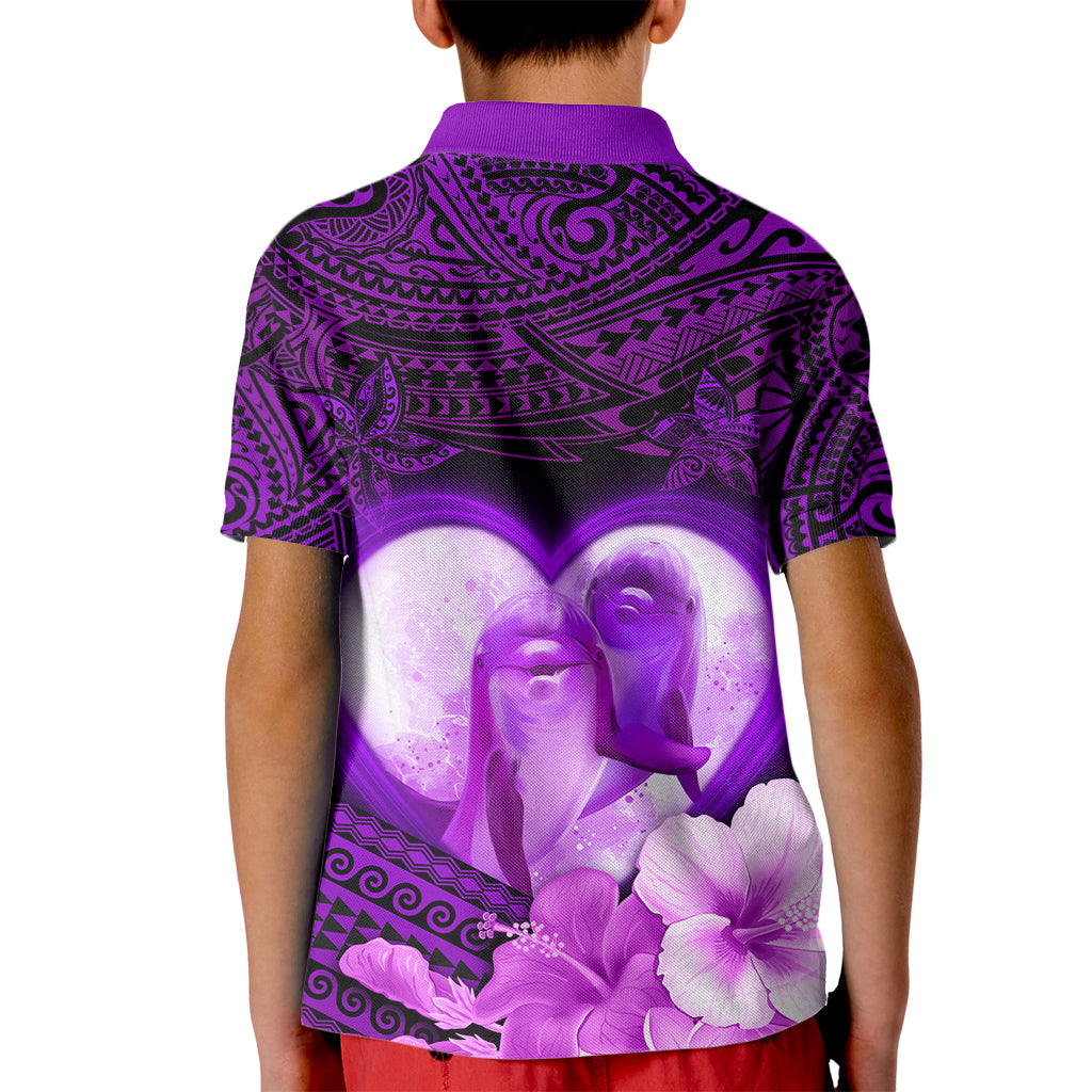 Dolphin Couple Love Story Valentine Day Kid Polo Shirt With Polynesian Tribal Tattoo Purple Style LT03 - Polynesian Pride
