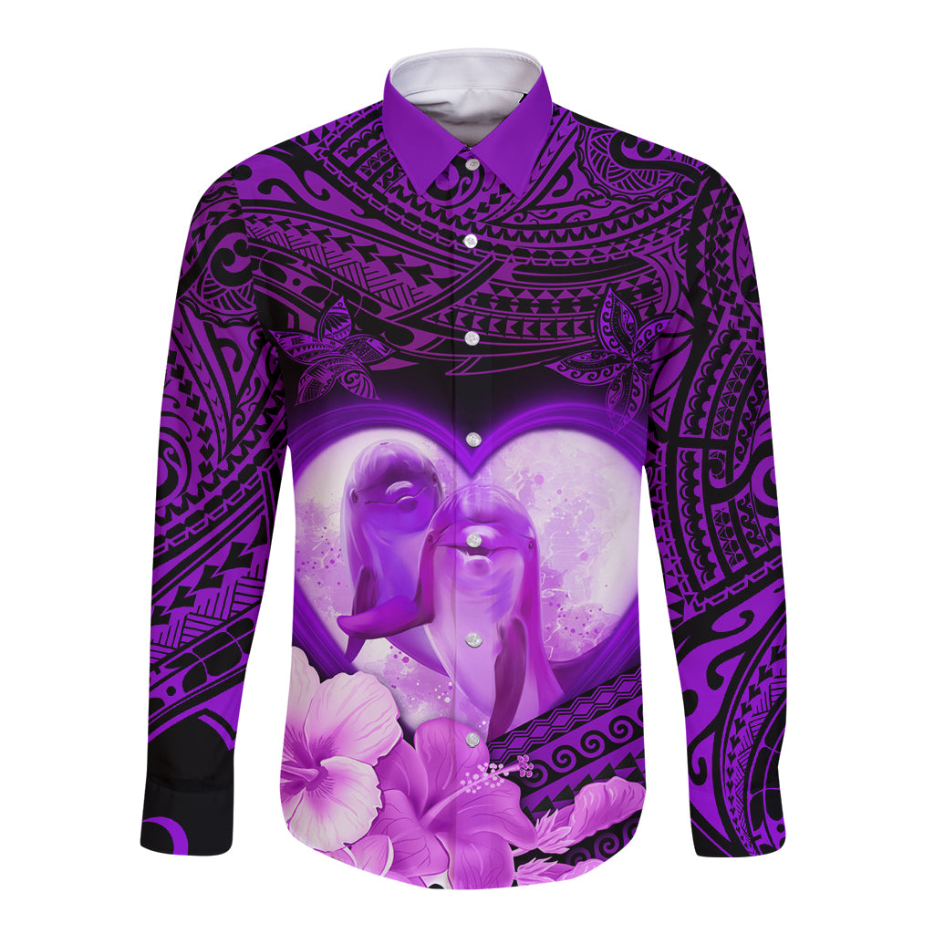 Dolphin Couple Love Story Valentine Day Long Sleeve Button Shirt With Polynesian Tribal Tattoo Purple Style LT03 Unisex Purple - Polynesian Pride
