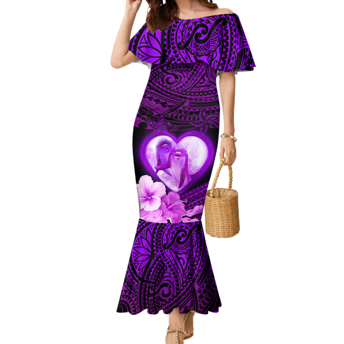 Dolphin Couple Love Story Valentine Day Mermaid Dress With Polynesian Tribal Tattoo Purple Style LT03 Women Purple - Polynesian Pride