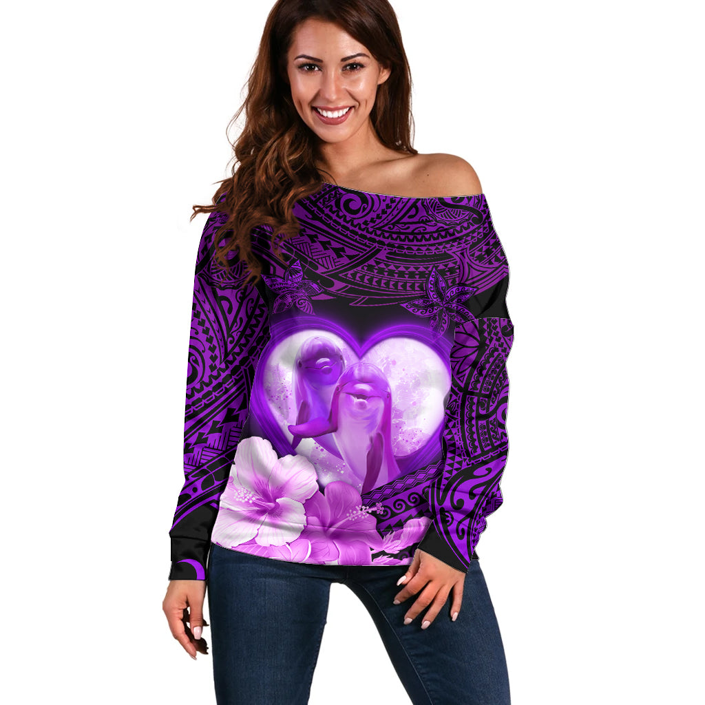 Dolphin Couple Love Story Valentine Day Off Shoulder Sweater With Polynesian Tribal Tattoo Purple Style LT03 Women Purple - Polynesian Pride