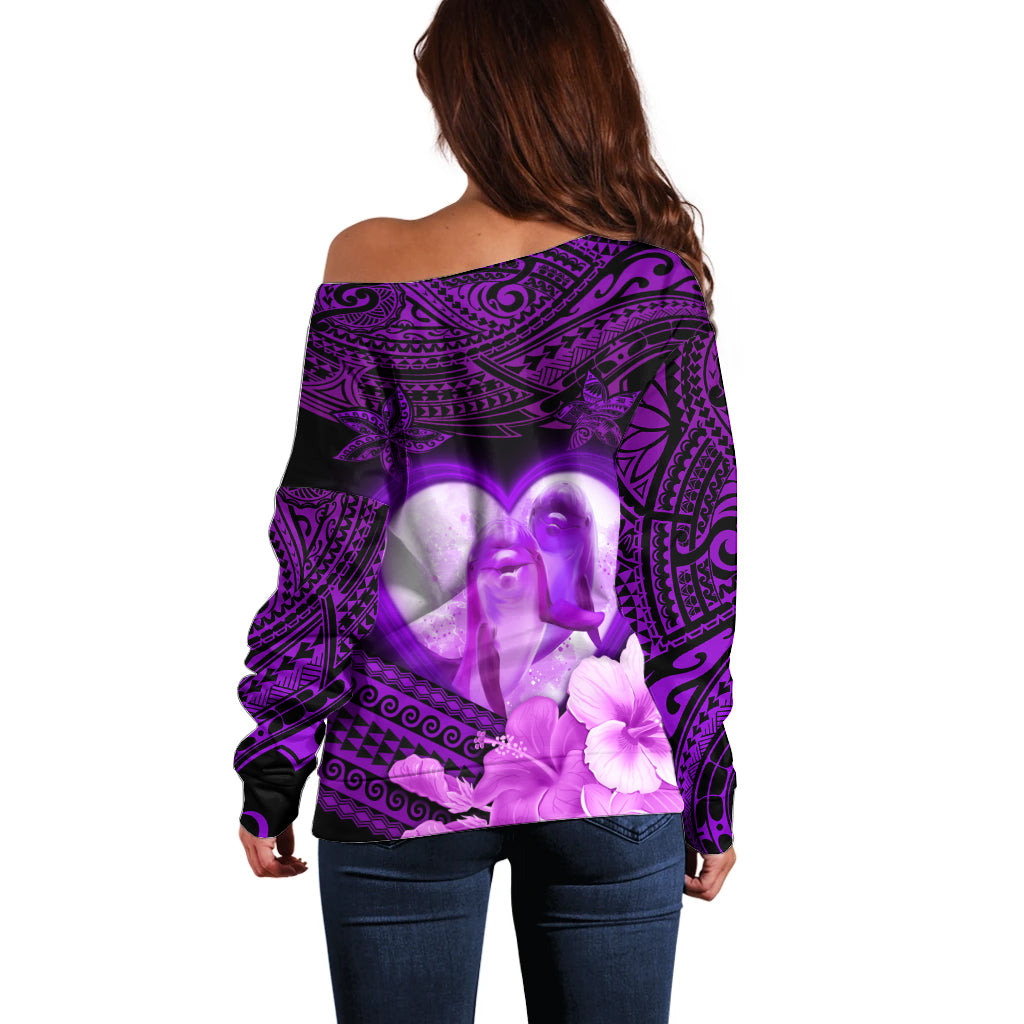 Dolphin Couple Love Story Valentine Day Off Shoulder Sweater With Polynesian Tribal Tattoo Purple Style LT03 - Polynesian Pride