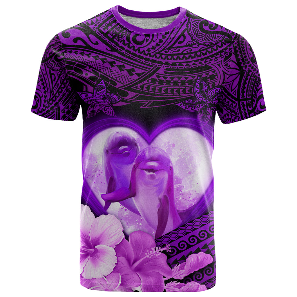 Dolphin Couple Love Story Valentine Day T Shirt With Polynesian Tribal Tattoo Purple Style LT03 Purple - Polynesian Pride