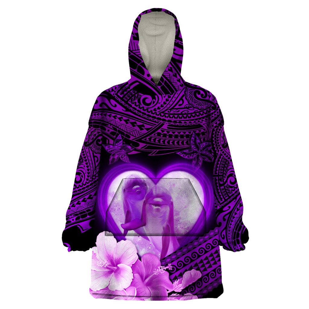 Dolphin Couple Love Story Valentine Day Wearable Blanket Hoodie With Polynesian Tribal Tattoo Purple Style LT03 One Size Purple - Polynesian Pride