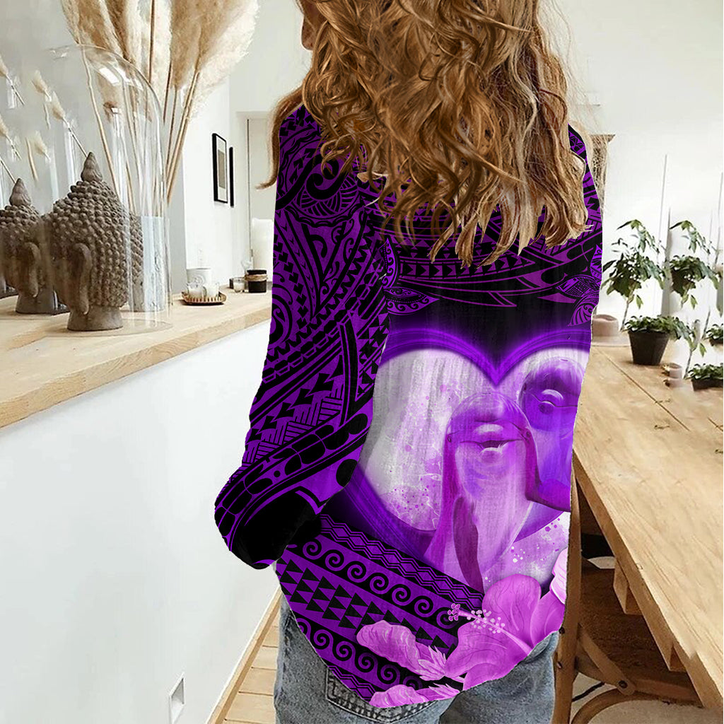 Dolphin Couple Love Story Valentine Day Women Casual Shirt With Polynesian Tribal Tattoo Purple Style LT03 - Polynesian Pride