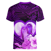 Dolphin Couple Love Story Valentine Day Women V Neck T Shirt With Polynesian Tribal Tattoo Purple Style LT03 - Polynesian Pride