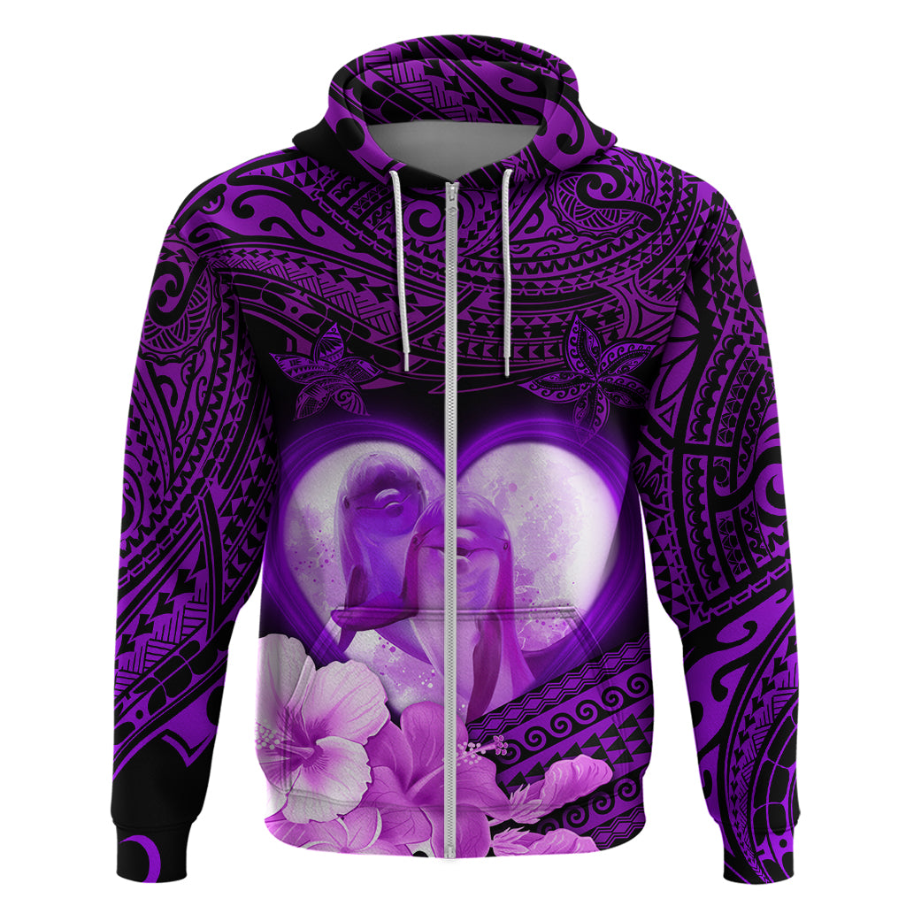 Dolphin Couple Love Story Valentine Day Zip Hoodie With Polynesian Tribal Tattoo Purple Style LT03 Zip Hoodie Purple - Polynesian Pride