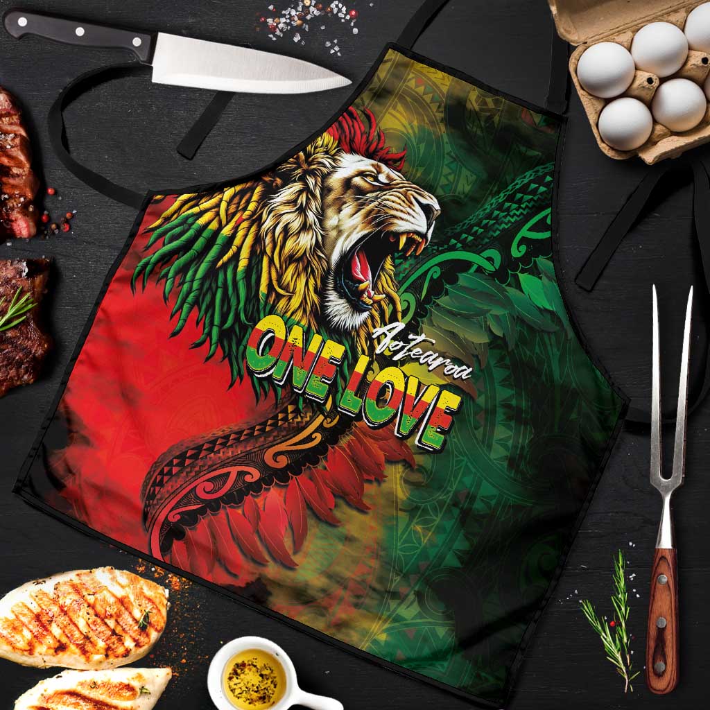 Aotearoa One Love Apron Reggae Lion with Kakahu Huruhuru LT03 Black - Polynesian Pride