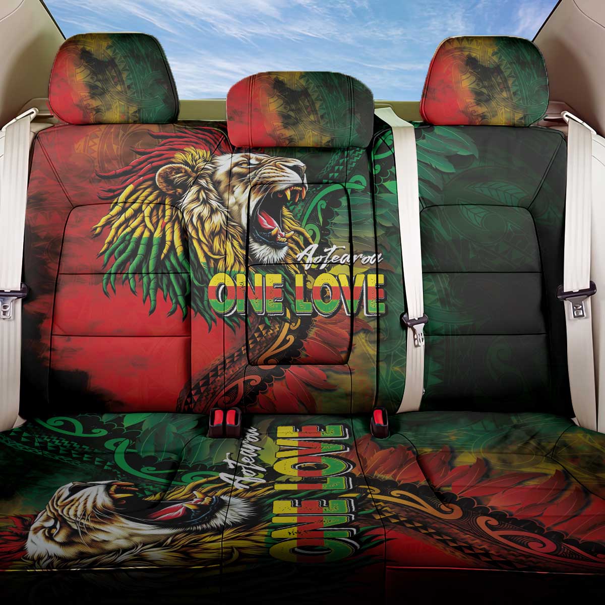 Aotearoa One Love Back Car Seat Cover Reggae Lion with Kakahu Huruhuru LT03 One Size Black - Polynesian Pride