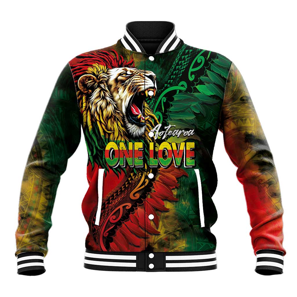 Aotearoa One Love Baseball Jacket Reggae Lion with Kakahu Huruhuru LT03 Unisex Black - Polynesian Pride