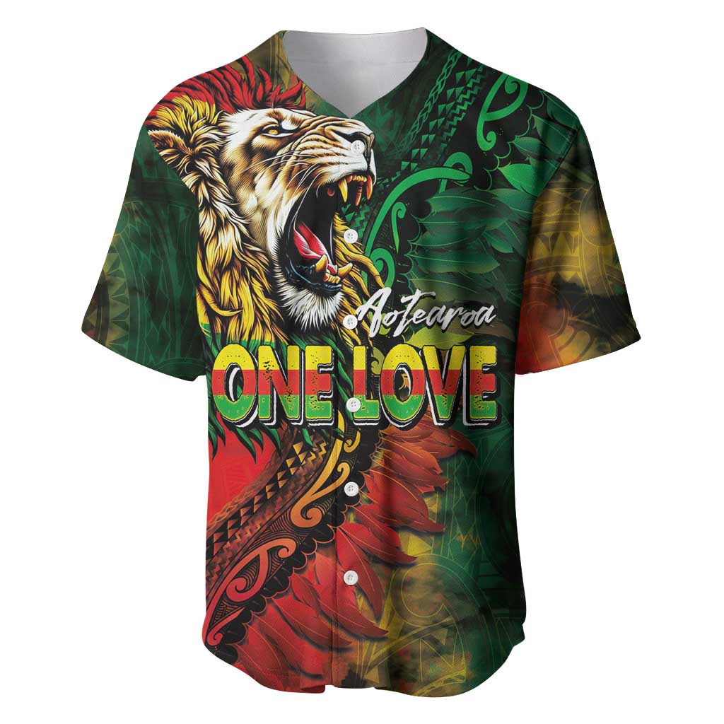 Aotearoa One Love Baseball Jersey Reggae Lion with Kakahu Huruhuru LT03 Black - Polynesian Pride