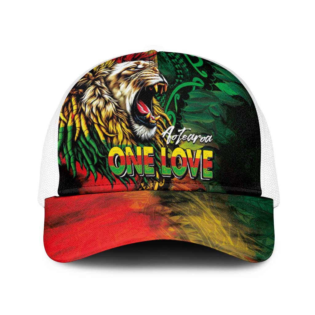 Aotearoa One Love Baseball Net Cap Reggae Lion with Kakahu Huruhuru LT03 One Size White Black - Polynesian Pride