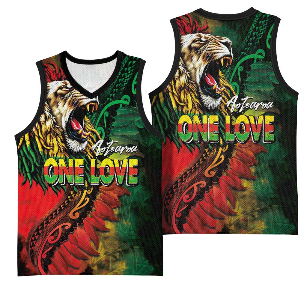 Aotearoa One Love Basketball Jersey Reggae Lion with Kakahu Huruhuru