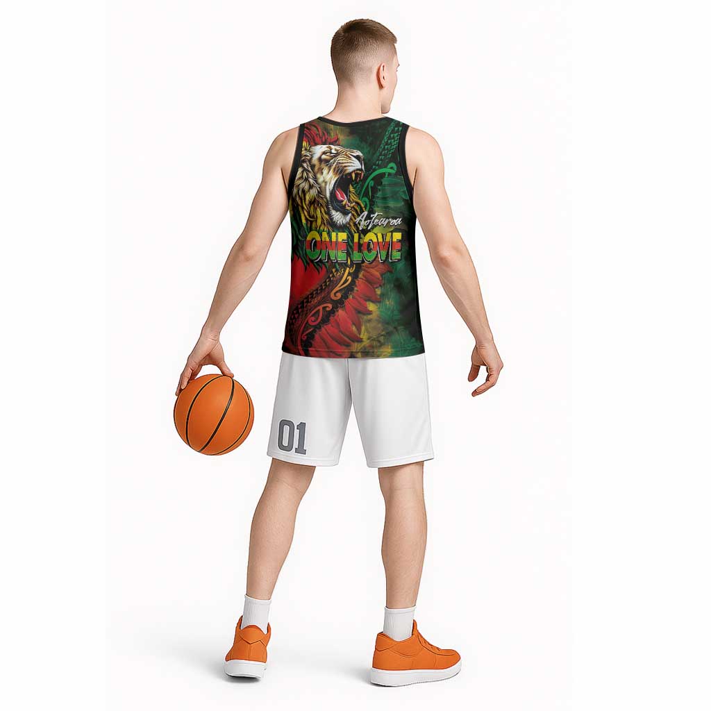 Aotearoa One Love Basketball Jersey Reggae Lion with Kakahu Huruhuru