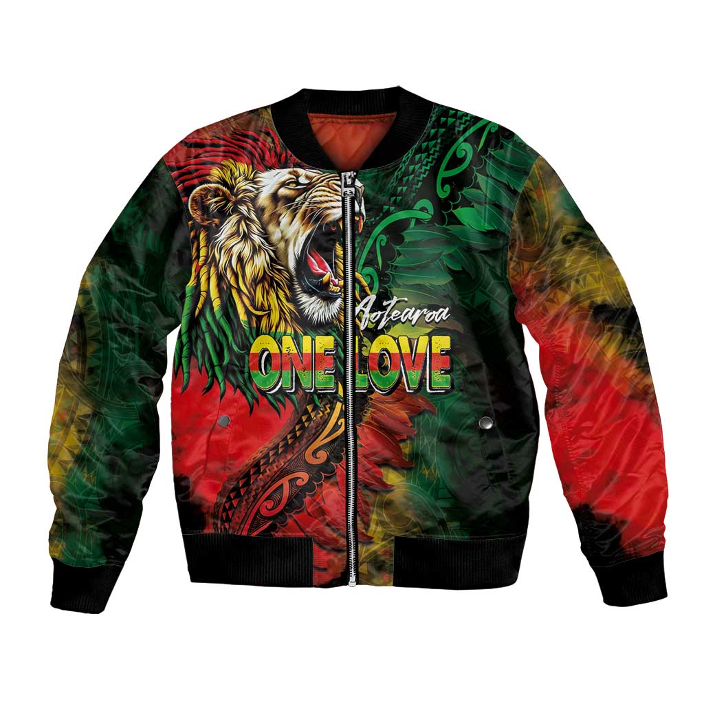 Aotearoa One Love Bomber Jacket Reggae Lion with Kakahu Huruhuru LT03 Unisex Black - Polynesian Pride