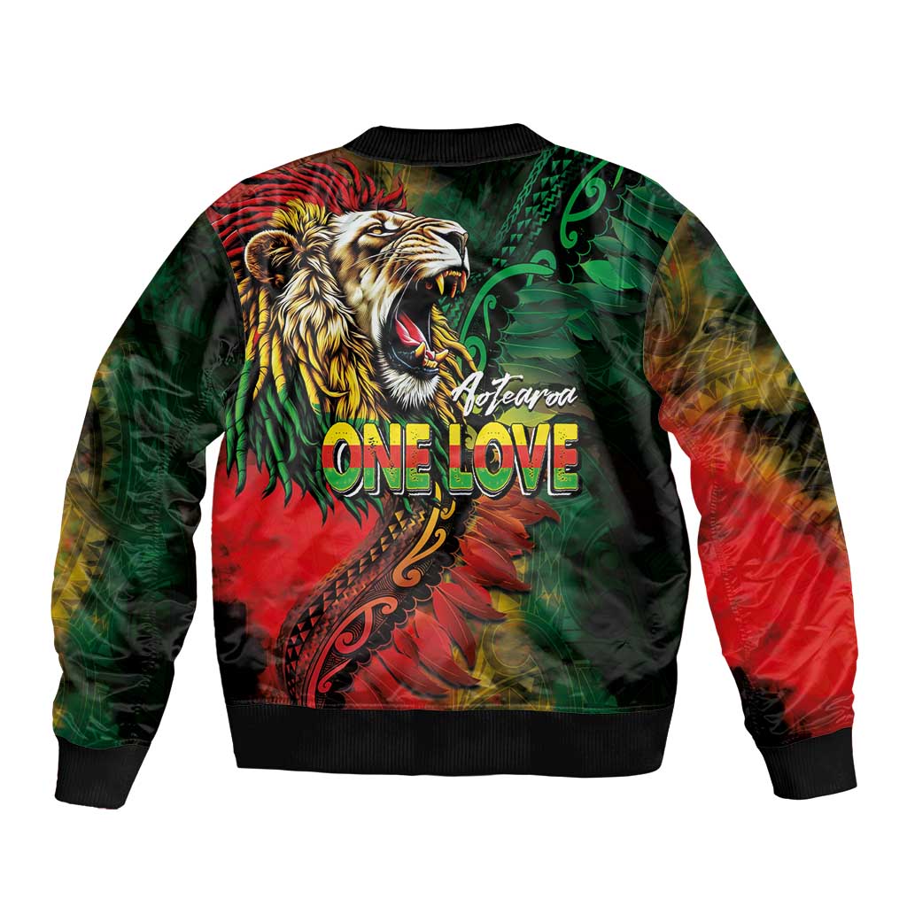 Aotearoa One Love Bomber Jacket Reggae Lion with Kakahu Huruhuru LT03 - Polynesian Pride