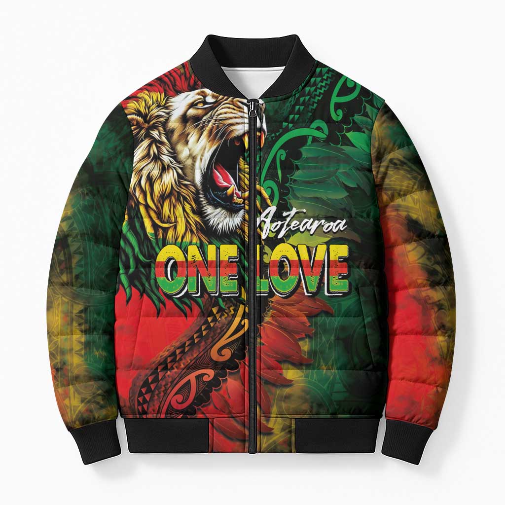 Aotearoa One Love Bomber Puffer Jacket Reggae Lion with Kakahu Huruhuru LT03 Unisex Black - Polynesian Pride