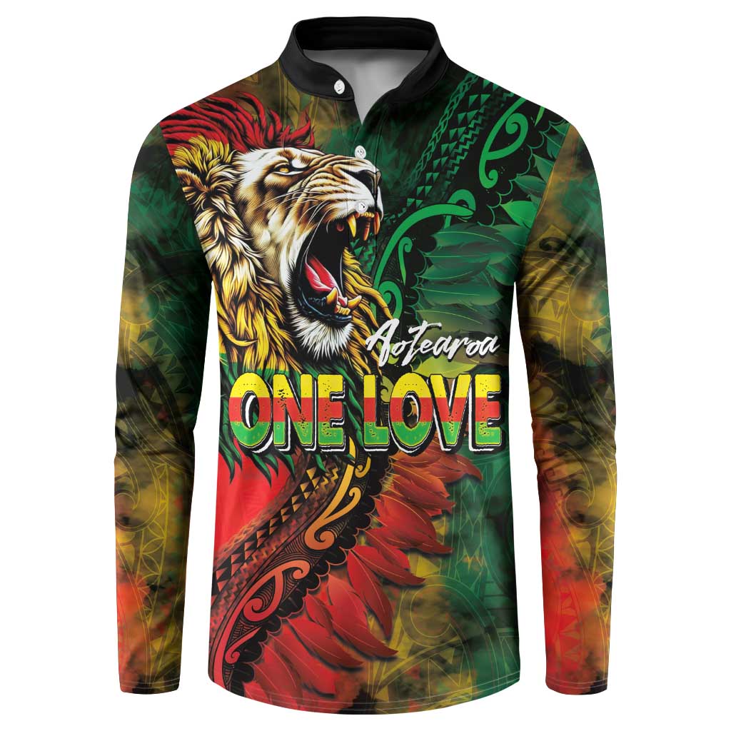 Aotearoa One Love Button Sweatshirt Reggae Lion with Kakahu Huruhuru LT03 Black - Polynesian Pride