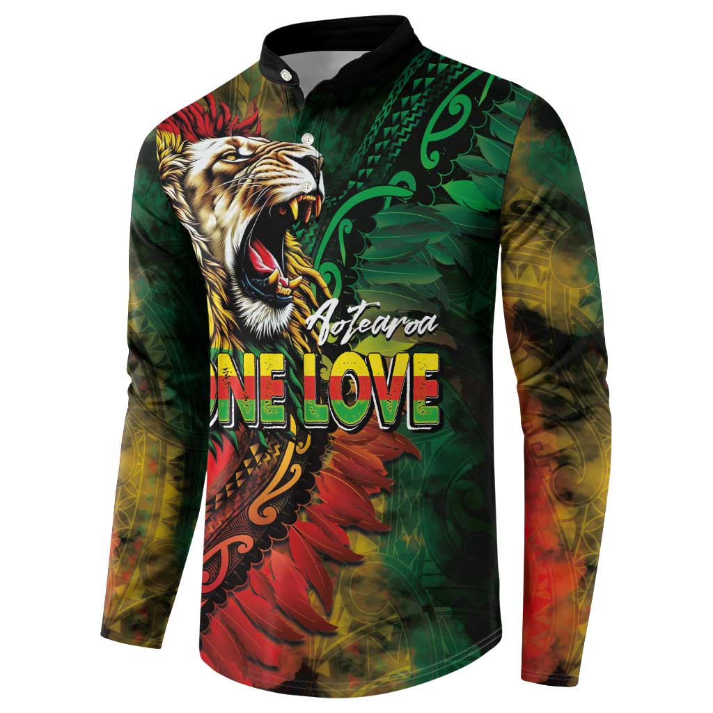 Aotearoa One Love Button Sweatshirt Reggae Lion with Kakahu Huruhuru LT03 - Polynesian Pride