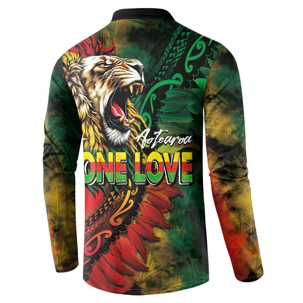 Aotearoa One Love Button Sweatshirt Reggae Lion with Kakahu Huruhuru LT03 - Polynesian Pride